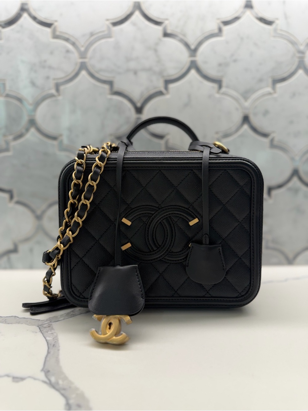 CHANEL Black Caviar Filigree Vanity Crossbody